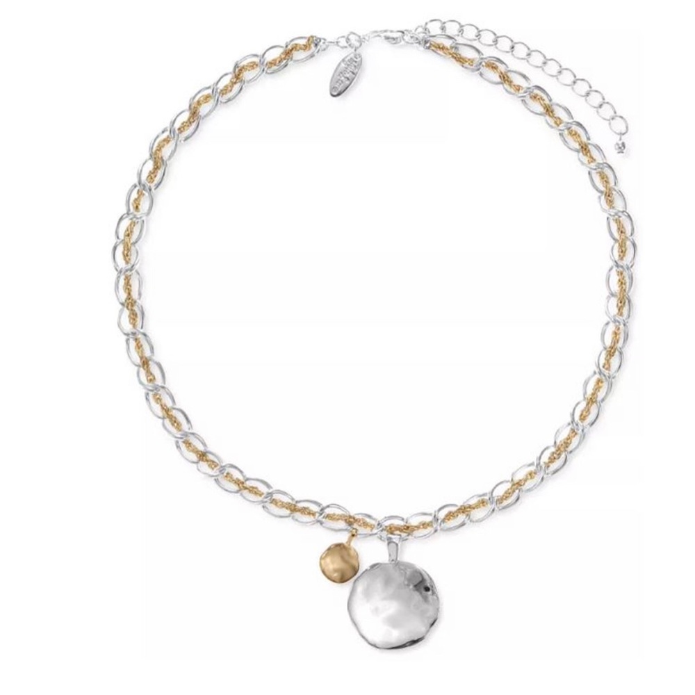 Style & Co Two-Tone Hammered Disc Threaded Double-Chain Pendant Necklace 17+3"